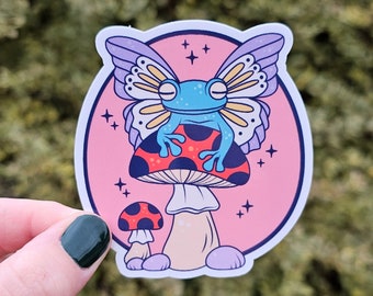 Fairy Frog Mushroom Sticker, Hippie Boho Butterfly Frog Decal, Retro Mushroom Stickers, Water Bottle and Laptop Stickers