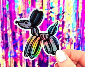 Holographic Skeleton Balloon Dog Sticker, Balloon Animal Sticker, Dog Stickers, Goth Decal, Water Bottle and Laptop Sticker