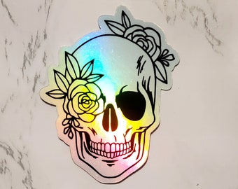 Holographic Skull Sticker, Skull and Flowers Sticker, Skeleton Sticker, Skeleton, Skull, Goth Sticker, Laptop Sticker, Skull Sticker