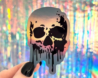 Holographic Drip Skull Sticker, Holo Skull Sticker, Trippy Skeleton Decal, Goth Stickers, Water Bottle and Laptop Decal