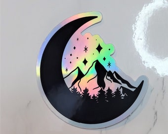 Holographic Mountain Moon Sticker, Holo Moon Sticker, Holo Camping Sticker, Nature Sticker, Moon Sticker,Camping Sticker, Mountain Sticker