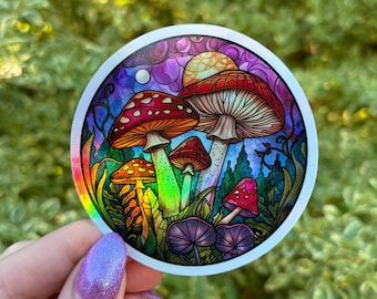 Holographic Stained Glass Mushroom Sticker, Mushroom Sticker, Stickers, Decal, Water Bottle Sticker, Hippie Sticker, Retro Sticker, Holo