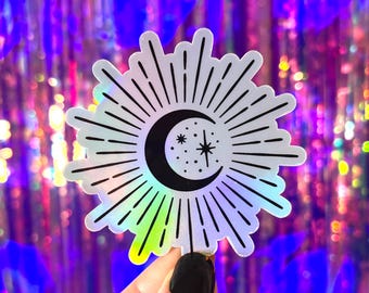 Holographic Moon Burst Sticker, Moon and Stars Sticker, Holo Moon Sticker, Water Bottle Sticker, Laptop Sticker, Celestial Sticker