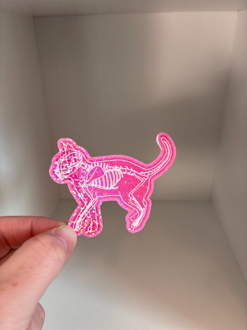 May include: A pink holographic sticker of a cat skeleton. The sticker is cut out in the shape of a cat.