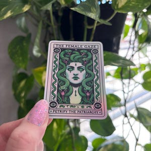 May include: A sticker with a holographic finish featuring a green-haired woman with snakes around her head. The text on the sticker reads "The Female Gaze" and "Petrify the Patriarchy".