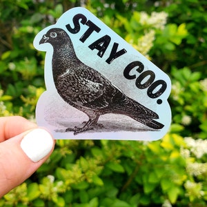 May include: A holographic sticker with a black and white illustration of a pigeon and the text "STAY COO."