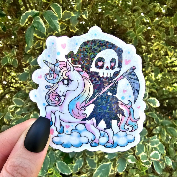Glitter Grim Reaper Unicorn Sticker, Cute Sticker, Skeleton Sticker, Unicorn Sticker, Grim Reaper Sticker, Stickers, Funny Sticker, Sticker