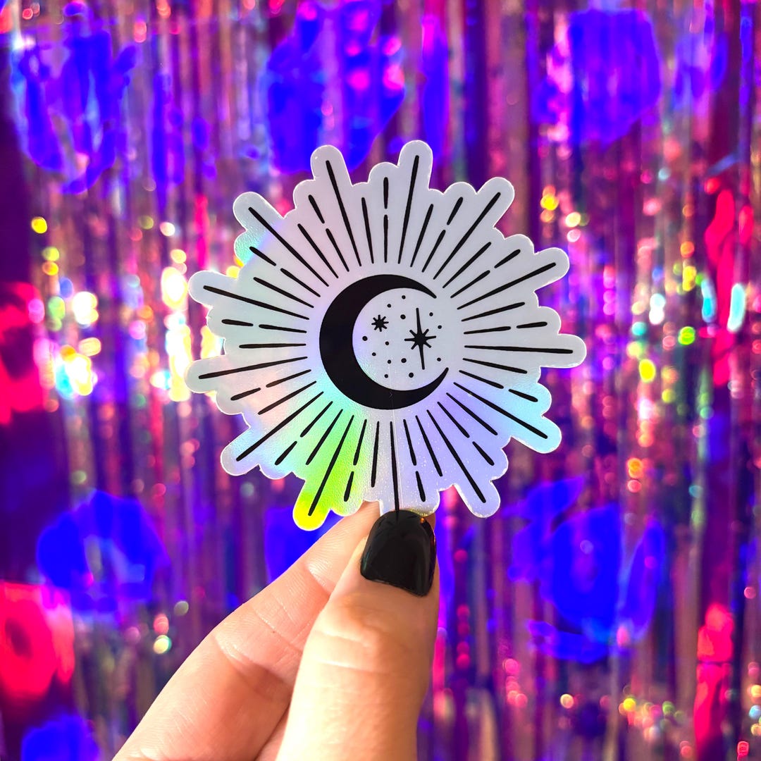 Holographic Moon Burst Sticker, Moon and Stars Sticker, Holo Moon ...