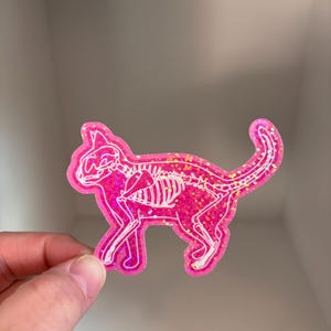 May include: Pink glitter cat sticker with a white outline of a cat skeleton.