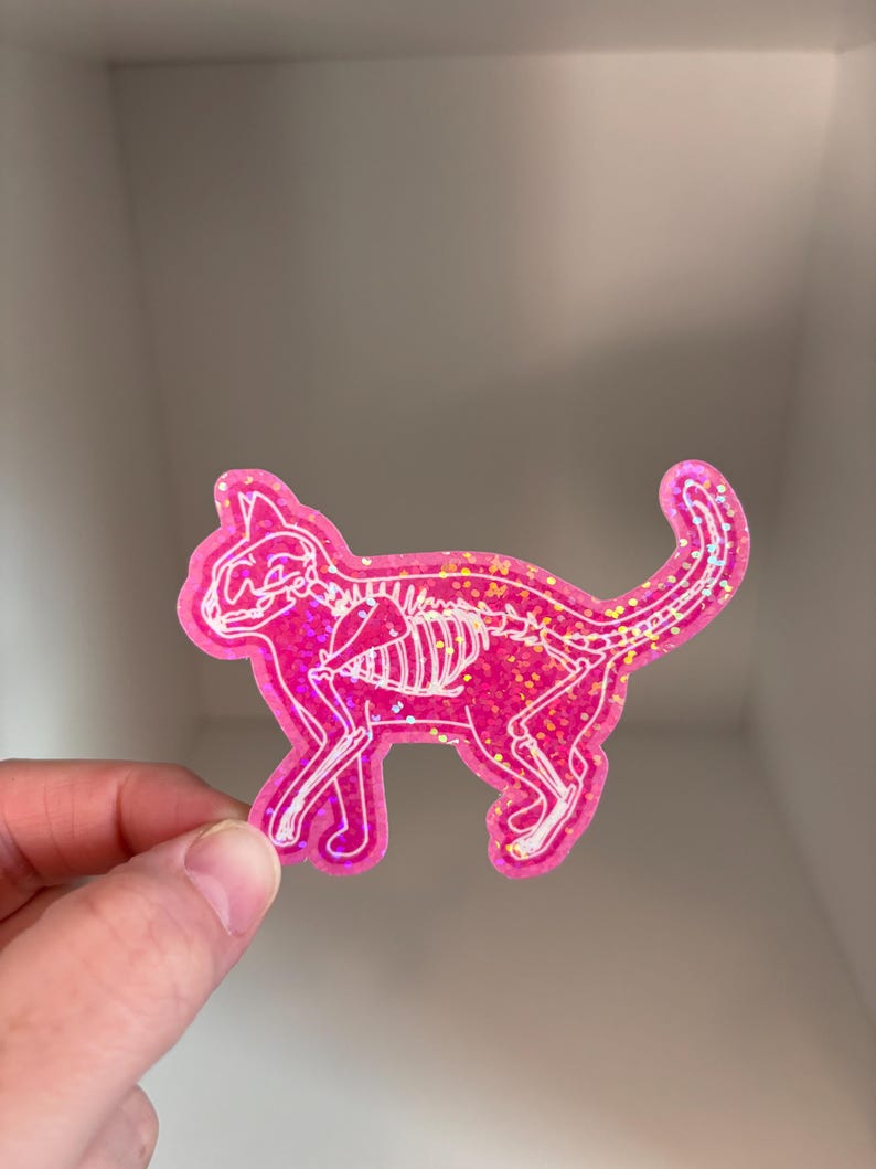 May include: Pink glitter cat sticker with a white outline of a cat skeleton.