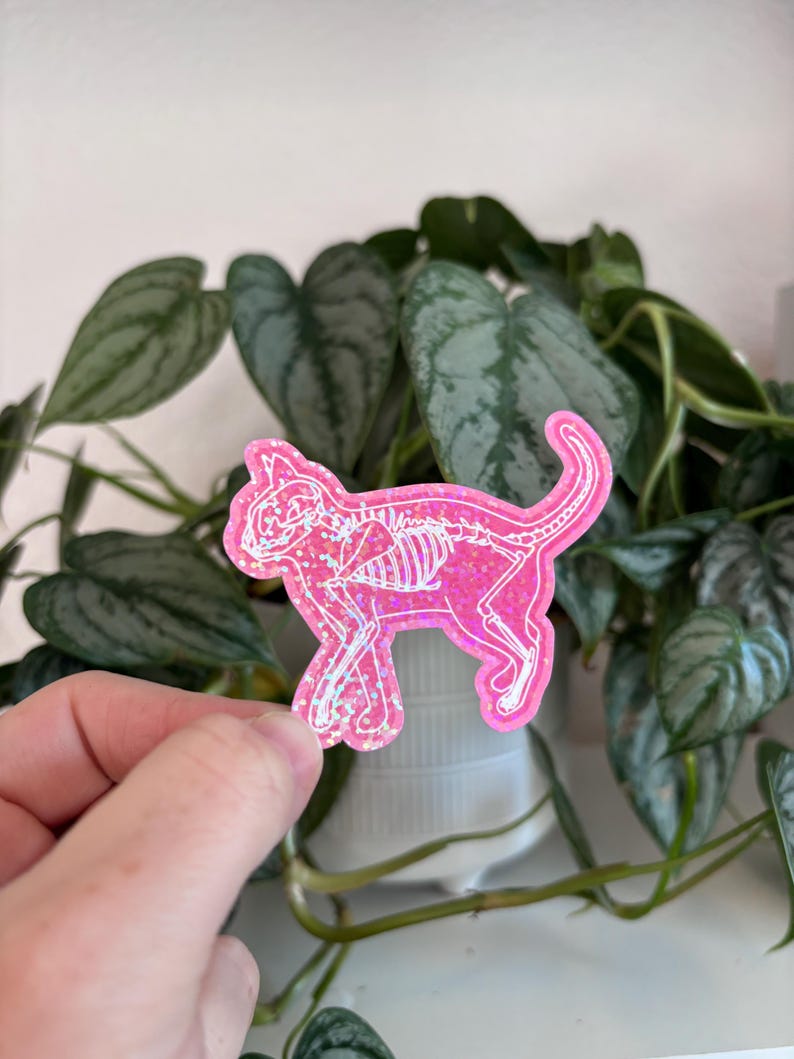 May include: Pink glitter cat skeleton sticker with a white outline. The sticker is on a clear background.