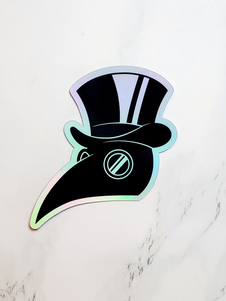 May include: A black and white sticker of a plague doctor wearing a hat with a white stripe. The sticker has a holographic finish.