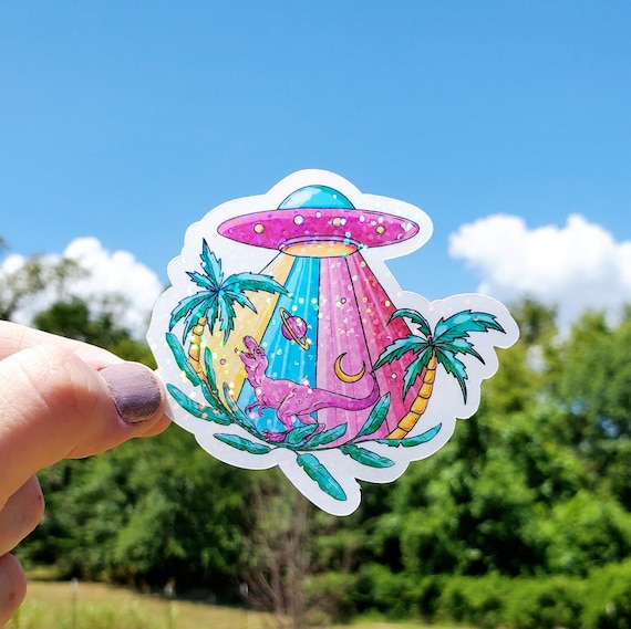 Glitter T-Rex Sticker, Dinosaur Sticker, UFO Sticker, Trex Sticker, Weird Sticker, Funny Sticker, Pastel Sticker, Stickers, Laptop Sticker