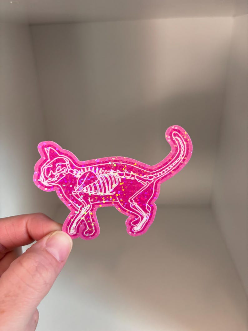 May include: Pink glitter sticker of a cat skeleton. The sticker is white and pink with a holographic finish.