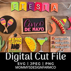Peut inclure: Ensemble de découpes en bois colorées sur le thème de la fête. Comprend une bannière "FIESTA", des maracas, un panneau "Cinco de Mayo", un sombrero, des piments, un cactus, un taco, une margarita et une pancarte "Tacos and Tequila".