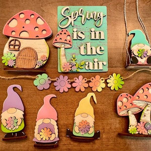 Spring is in the air Gnome and Mushroom Tiered Tray / Spring Decor / Tiered tray decor / Gnome