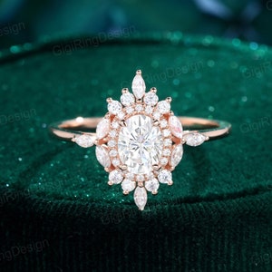 Oval Moissanite engagement ring Vintage Rose gold engagement ring Art Deco marquise Cluster engagement ring Bridal Promise Anniversary gift