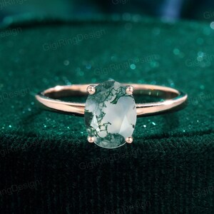 1.5ct Oval cut Moss Agate engagement ring unique Rose gold engagement ring vintage ring Bridal Promise ring Anniversary gift for women