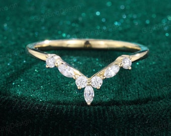 Marquise moissanite Wedding Band Curved Wedding Band Yellow gold Diamond Wedding band Unique stacking Matching Bridal Custom promise ring