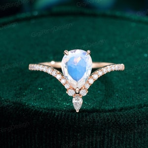 Pear shape Moonstone engagement ring vintage moissanite engagement ring Rose gold Unique Curve diamond ring bridal anniversary promise ring