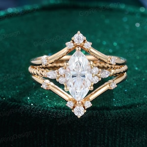 3PCS Marquise moissanite engagement ring set Unique Cluster engagement ring Yellow gold Vintage Swist ring Bridal Promise Anniversary ring