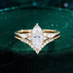 14K Yellow gold Marquise moissanite engagement ring set Vintage engagement ring Unique Cluster diamond ring ring Bridal Promise Anniversary