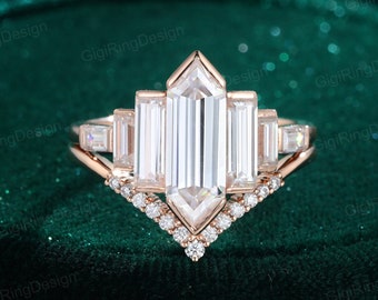 Vintage Hexagon moissanite engagement ring set Unique engagement ring Rose gold Cluster baguette ring Bezel Set art deco Bridal Anniversary