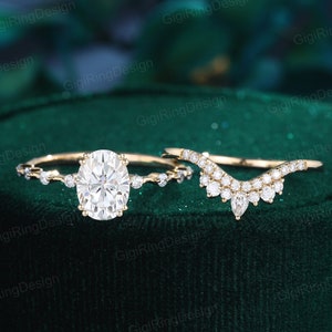 Oval Moissanite engagement ring set Vintage Yellow gold engagement ring Unique engagement ring wedding Bridal set Promise Anniversary gift
