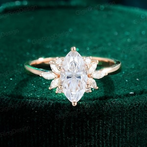 Marquise moissanite engagement ring Vintage Rose gold Cluster Marquise engagement ring Art Deco ring Bridal Promise Anniversary gift for her