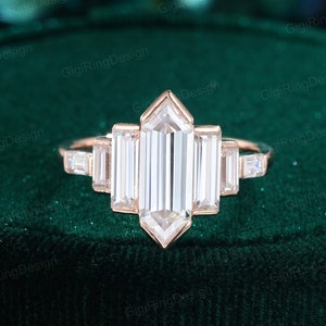 Rose gold Hexagon Moissanite Verlobungsring Einzigartige Verlobungsring Cluster Baguette Ring Lünette Set Art-Deco-Braut Versprechen Jahrestag Geschenk
