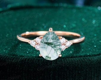 Pear shaped Moss Agate engagement ring Vintage Rose gold moissanite Cluster engagement ring Unique Diamond ring Bridal Promise Anniversary