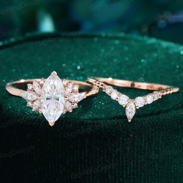 Marquise moissanite engagement ring set Vintage Rose gold engagement ring Cluster engagement ring Art Deco ring Bridal ring Anniversary ring