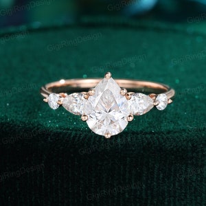 Pear shaped moissanite engagement ring unique vintage Rose gold engagement ring Cluster diamond wedding ring Bridal Promise Anniversary gift