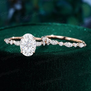 2.5CT Oval Moissanite engagement Ring Set Unique Rose gold cluster engagement ring vintage marquise wedding ring Bridal set Anniversary gift