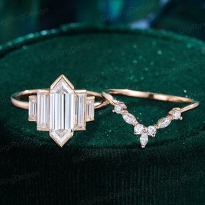 Vintage Hexagon Moissanit Verlobungsring Set Einzigartige Rose Gold Cluster Baguette Verlobungsring Lünette Set Art-Deco-Ring Braut Jahrestag
