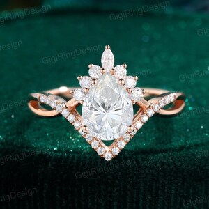 Pear shaped engagement ring unique Vintage moissanite ring Rose gold diamond engagement ring women wedding Bridal Promise Anniversary gift