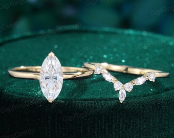 2 stks marquise moissanite verlovingsring set geelgouden verlovingsring Vintage unieke gebogen diamanten ring bruidsset belofte verjaardag