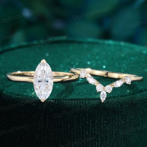 2PCS Marquise moissanite engagement ring set Yellow gold engagement ring Vintage Unique Curved diamond ring Bridal set Promise Anniversary