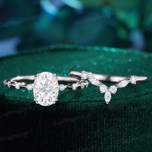 Oval moissanite engagement ring set unique White gold engagement ring vintage engagement ring wedding Bridal ring Promise Anniversary gift