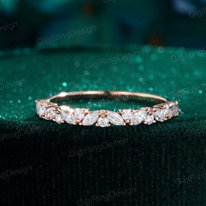 Alianza de boda de oro rosa para mujer, media eternidad, marquesa, moissanita, alianza vintage a juego, única, apilable, regalo de promesa nupcial para mujer