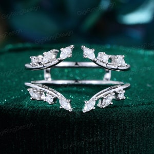 14K Weißgold Diamant Ehering Marquise gebogen Vergrößererring Moissanit Einzigartige Vintage Versprechen Jahrestag Geschenk
