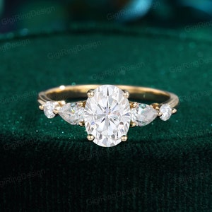 Oval shaped Yellow gold moissanite engagement ring unique vintage engagement ring Cluster engagement ring wedding Bridal Promise Anniversary