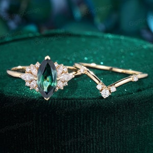 Unique Marquise green sapphire engagement ring set Vintage Moissanite engagement ring Yellow gold cluster ring Bridal Promise Anniversary