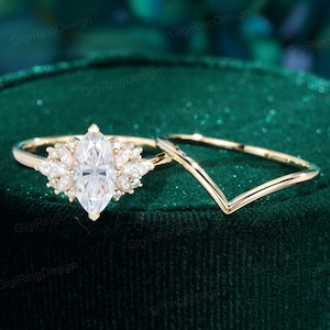 Yellow gold Marquise moissanite engagement ring set Unique Vintage diamond engagement ring women Art Deco ring Bridal Promise Anniversary