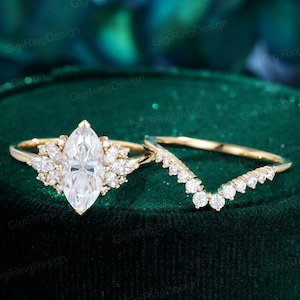 Marquise moissanite engagement ring set Vintage Yellow gold engagement ring engagement ring marquise Curved ring Bridal Promise Anniversary