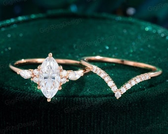 Unique Marquise moissanite engagement ring set Vintage Rose gold engagement ring  Cluster diamond ring ring Bridal Promise Anniversary gift