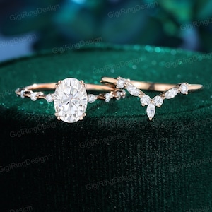 Oval moissanite engagement ring set unique Rose gold engagement ring vintage engagement ring wedding Bridal ring Promise Anniversary gift