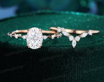 Oval moissanite engagement ring set unique Rose gold engagement ring vintage engagement ring wedding Bridal ring Promise Anniversary gift