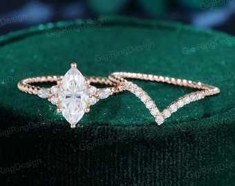 Marquise moissanite engagement ring set Unique Rose gold engagement ring Vintage Cluster ring Swist ring Bridal Promise Anniversary gift