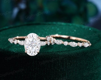 2.5CT Oval Moissanite engagement Ring Set Unique Rose gold cluster engagement ring vintage marquise wedding ring Bridal set Anniversary gift